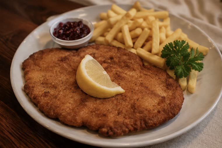 Wiener Schnitzel mit Pommes, Zitrone und Preiselbeeren