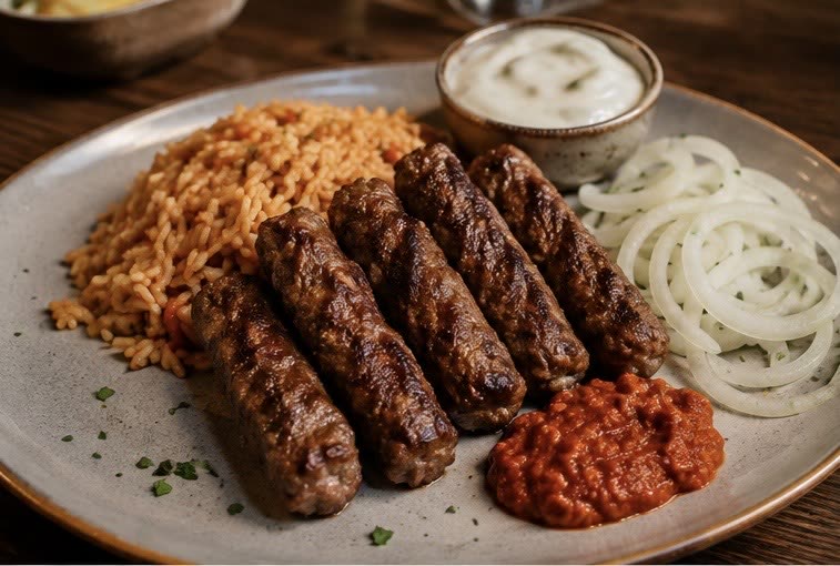 Ćevapčići mit Reis, Zwiebeln und Ajvar