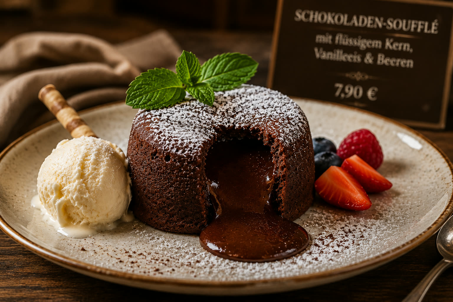 Schokoladensoufflé mit flüssigem Kern und Vanilleeis